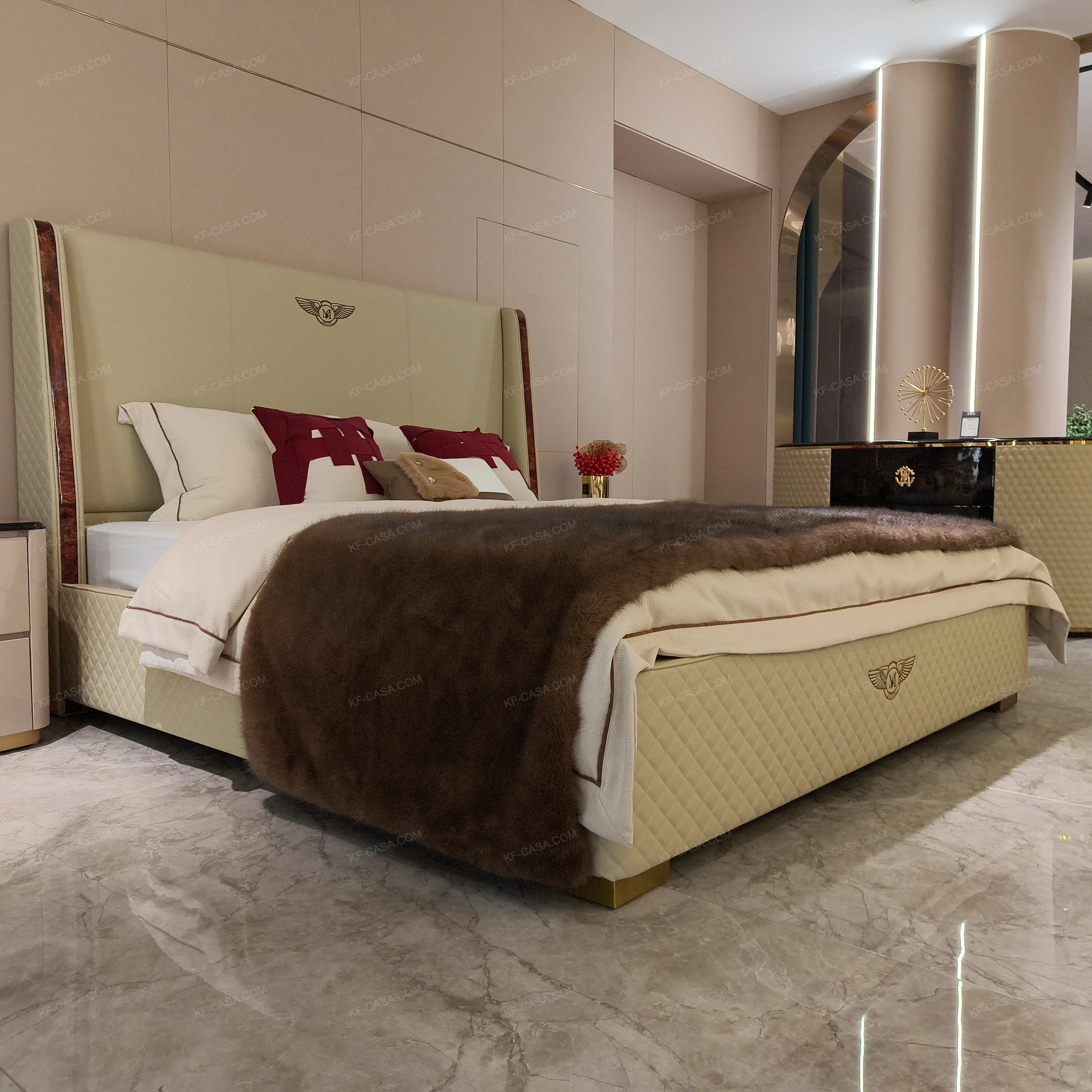 Light Beige Upholstered Bed with Quilted Texture, Natural Wood Veneer Trim & Metal Emblem Accents